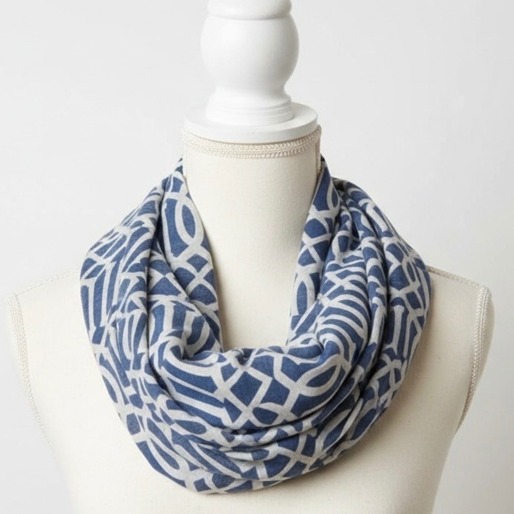 Mud Pie Blue White Geometric Print Infinity Scarf OS